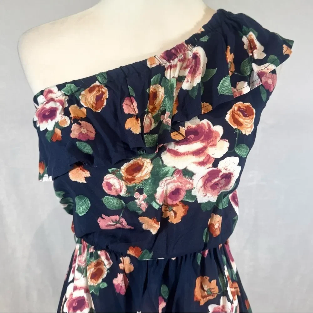 A’gaci navy floral ruffle one shoulder peplum top size small NWT
